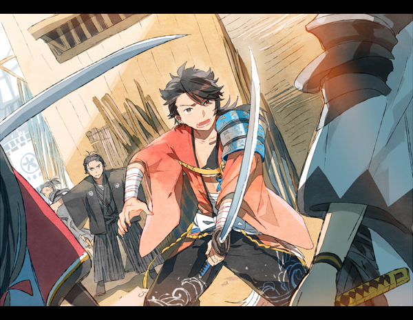 black_hair brown_eyes character_request day fighting_stance fleeing getiao holding holding_sword holding_weapon izumi-no-kami_kanesada jin_(manga) katana left-handed letterboxed male_focus multiple_boys mutsu-no-kami_yoshiyuki nagasone_kotetsu open_mouth out_of_frame outdoors outstretched_arms protecting sakamoto_ryouma_(jin) spread_arms standing sword touken_ranbu unsheathed weapon