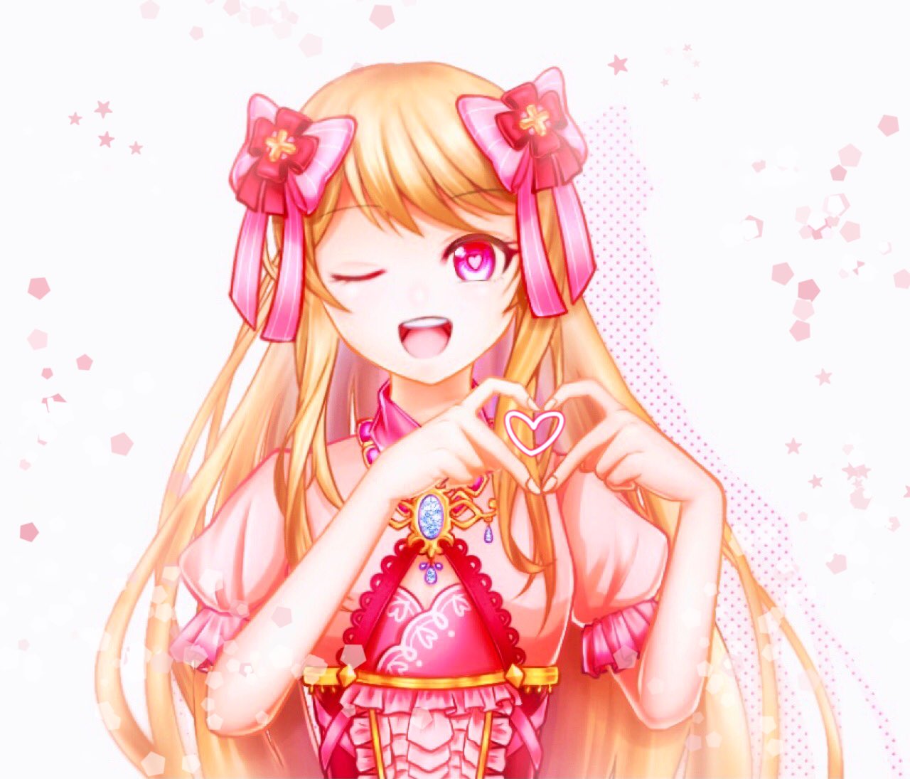 1girl blonde_hair chaos_marie_(grimms_notes) cleavage_cutout clothing_cutout frills grimms_notes hair_ribbon heart heart-shaped_pupils heart_hands jewelry long_hair looking_at_viewer necklace one_eye_closed open_mouth pendant pink_eyes puffy_short_sleeves puffy_sleeves ribbon short_sleeves smile solo symbol-shaped_pupils teeth tukkii_706041 upper_body upper_teeth_only white_background