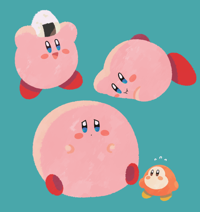 :i blue_background blush_stickers colored_skin flying_sweatdrops food holding holding_food kirby kirby's_dream_buffet kirby_(series) looking_at_another ni_re no_humans onigiri pink_skin simple_background solid_oval_eyes waddle_dee