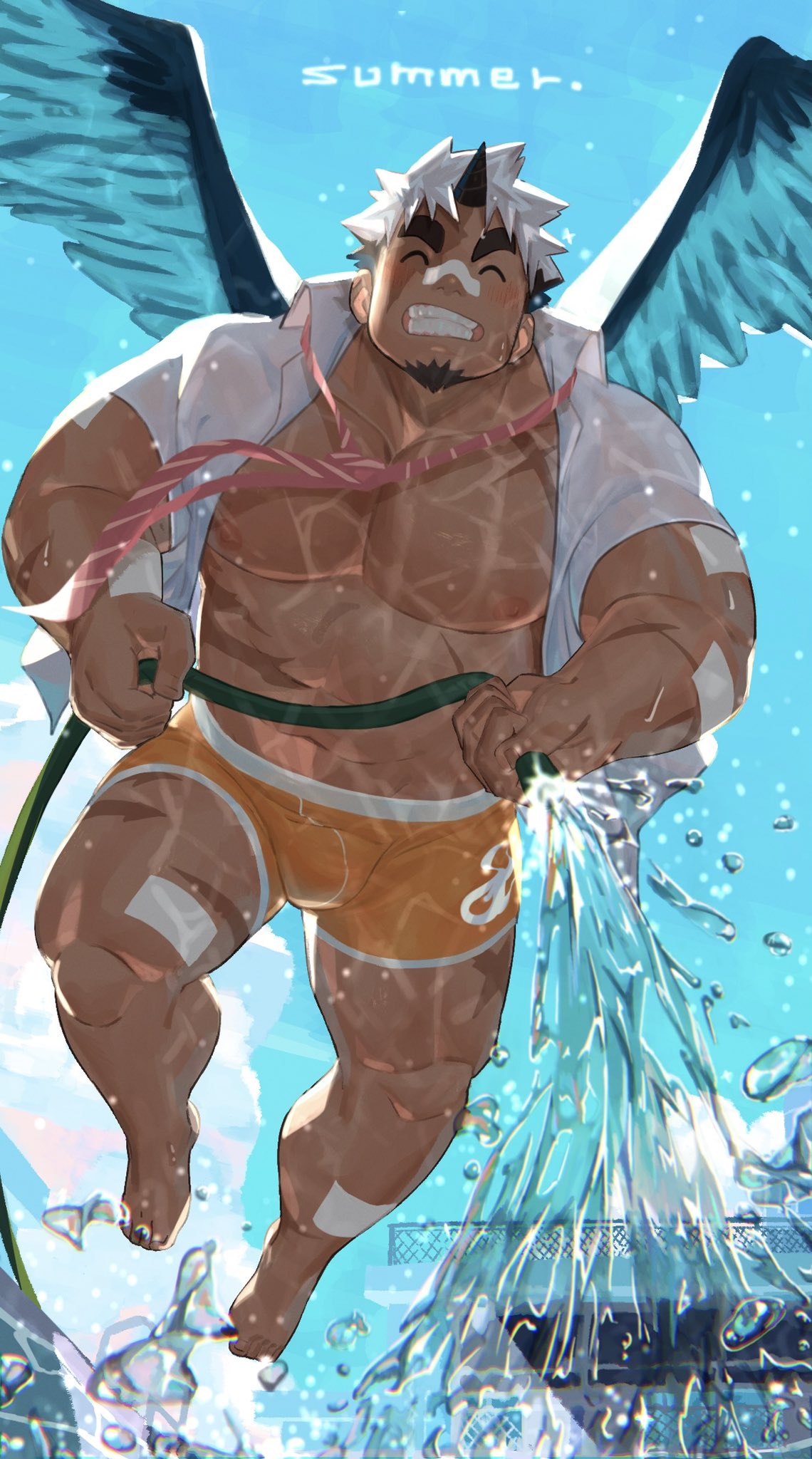 1boy ^_^ abs akiha_gongen_(housamo) bandaid bandaid_on_face bandaid_on_nose bara bare_pectorals boxers closed_eyes dark-skinned_male dark_skin dyzd1 facial_hair flying goatee grin happy highres holding holding_hose horns hose large_pectorals looking_at_viewer male_focus male_underwear multicolored_hair muscular muscular_male no_pants open_clothes open_shirt orange_male_underwear pectorals scar scar_on_cheek scar_on_face short_hair single_horn smile solo spraying strongman_waist thick_eyebrows thick_thighs thighs tokyo_afterschool_summoners two-tone_hair underwear water white_hair