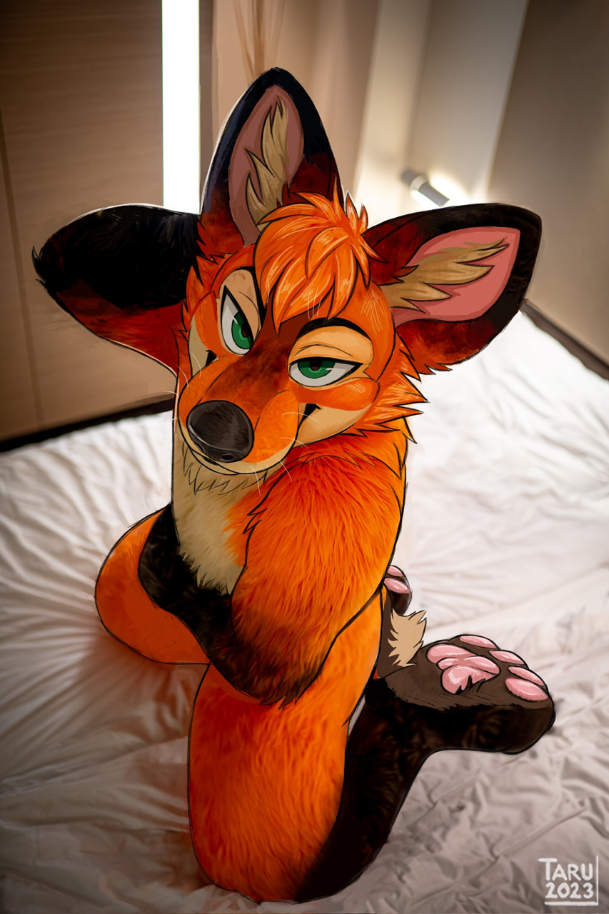 2023 ambiguous_gender anthro bed canid canine detailed_background draw_over fox furniture hi_res high-angle_view inside kneeling looking_at_viewer mammal mixed_media nude on_bed pawpads solo tarumeow