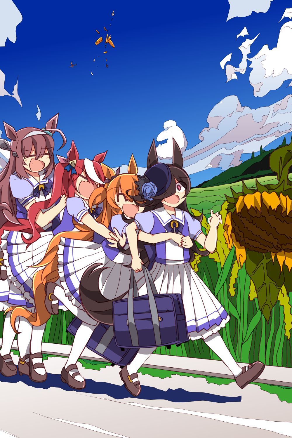 4girls ahoge bag blue_sky bow brown_footwear brown_hair commentary_request full_body hair_between_eyes highres hug loafers mayano_top_gun_(umamusume) mihono_bourbon_(umamusume) multicolored_hair multiple_girls open_mouth outdoors puffy_short_sleeves puffy_sleeves purple_bow purple_shirt rice_shower_(umamusume) school_bag school_uniform shirt shoes short_sleeves skirt sky smile streaked_hair summer_uniform tilted_headwear tokai_teio_(umamusume) tracen_school_uniform twintails umamusume wahiko_(black_bastard) white_hair