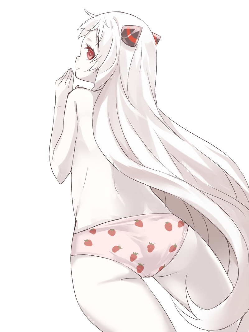 airfield_hime ass back commentary_request food_print from_behind kantai_collection long_hair maruki_(punchiki) panties print_panties profile red_eyes shinkaisei-kan simple_background solo strawberry_panties strawberry_print topless underwear underwear_only very_long_hair white_background white_hair white_skin