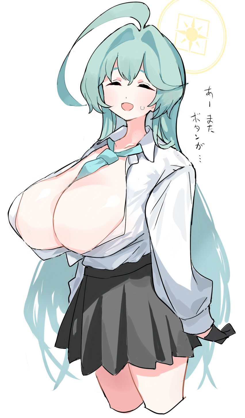 1girl ahoge black_gloves black_skirt blue_archive blush breasts cleavage closed_eyes collared_shirt cowboy_shot cropped_legs facing_viewer gloves green_hair halo hei_(tonarinohey) highres huge_ahoge huge_breasts long_hair long_sleeves open_mouth pleated_skirt shirt simple_background skirt solo white_background white_shirt yellow_halo yume_(blue_archive)