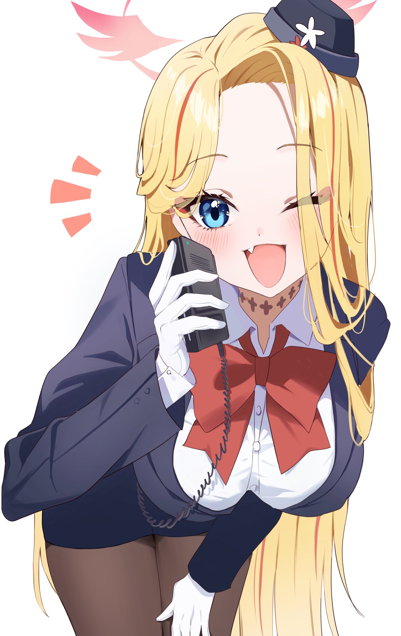 1girl black_hat blonde_hair blue_archive blue_eyes blush fang halo hat highres long_hair official_alternate_costume one_eye_closed open_mouth pina_(blue_archive) pina_(guide)_(blue_archive) pineap000 red_halo simple_background skin_fang smile solo white_background