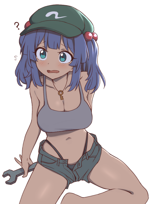 1girl ? blue_eyes blue_hair breasts cachemerro cleavage collarbone green_hat grey_vest jewelry kawashiro_nitori key key_necklace midriff navel necklace open_mouth simple_background sitting solo touhou two_side_up vest white_background