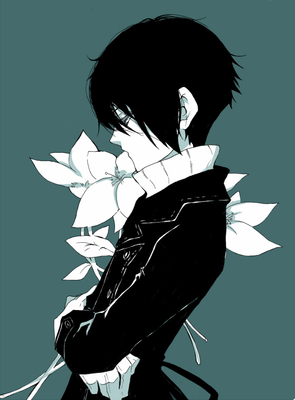 1boy black_coat black_hair blurry blurry_background coat commentary_request crossed_arms floral_background flower from_side gloves greyscale_with_colored_background hair_between_eyes long_coat looking_down male_focus nabari_no_ou profile short_hair solo sweater turtleneck turtleneck_sweater upper_body white_flower yoite you_(kimito)
