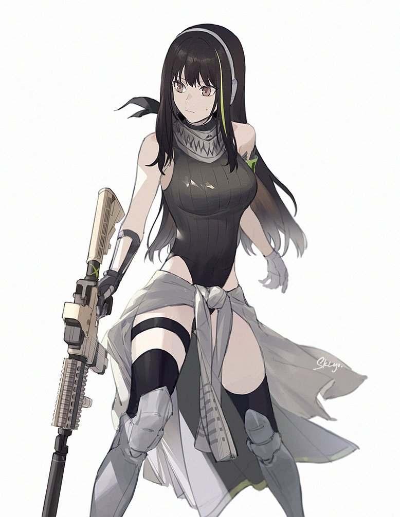 1girl black_hair black_leotard breasts brown_eyes character_request check_character clothes_around_waist feet_out_of_frame girls'_frontline headphones holding holding_weapon jacket jacket_around_waist kistina leg_armor leotard long_hair m4a1_(girls'_frontline) medium_breasts scarf signature simple_background solo standing thighhighs weapon white_background