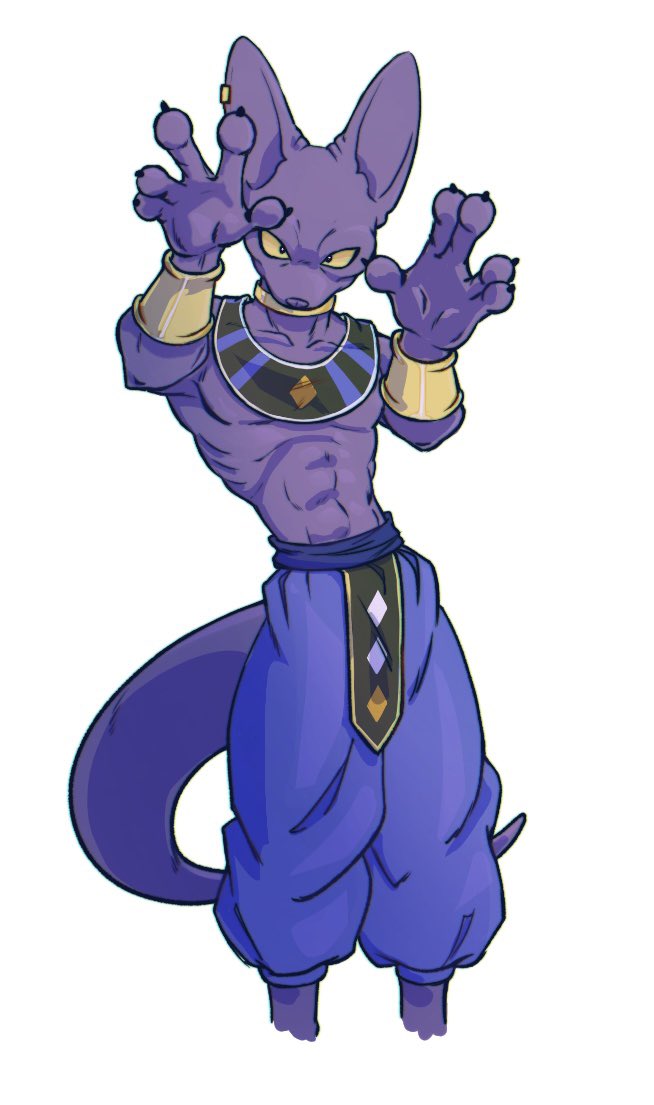 anthro armor beerus big_ears bracers claws clothed clothing domestic_cat dragon_ball dragon_ball_super felid feline felis hairless hairless_cat jewelry looking_at_viewer male mammal necklace purple_body purple_skin shirtless solo spuukss