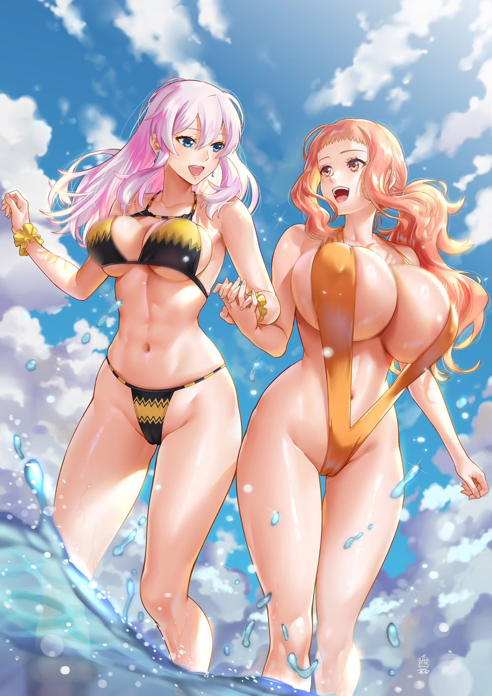 2girls :d abs bikini black_bikini blue_eyes blue_sky breasts cameltoe cecilia_campbell cloud day earrings elisa_anker ge_xi hair_between_eyes highres holding_hands huge_breasts interlocked_fingers jewelry large_breasts levasol_defense_corps looking_at_another multiple_girls navel ocean orange_bikini orange_eyes orange_hair original outdoors pink_hair ponytail revealing_clothes sky slingshot_swimsuit smile string_bikini swimsuit two-tone_bikini wading water witches_in_7th_base yellow_bikini yuri