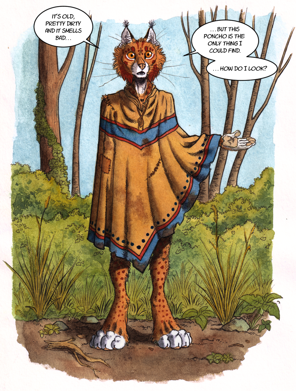 0laffson 5_fingers anthro biped brown_body brown_fur clothing dialogue english_text felid feline female fingers fur hi_res inner_ear_fluff lynx mammal painting_(artwork) pawpads paws plant poncho rufina_(hunterbeinghunted) solo speech_bubble text traditional_media_(artwork) tree tuft watercolor_(artwork) whiskers