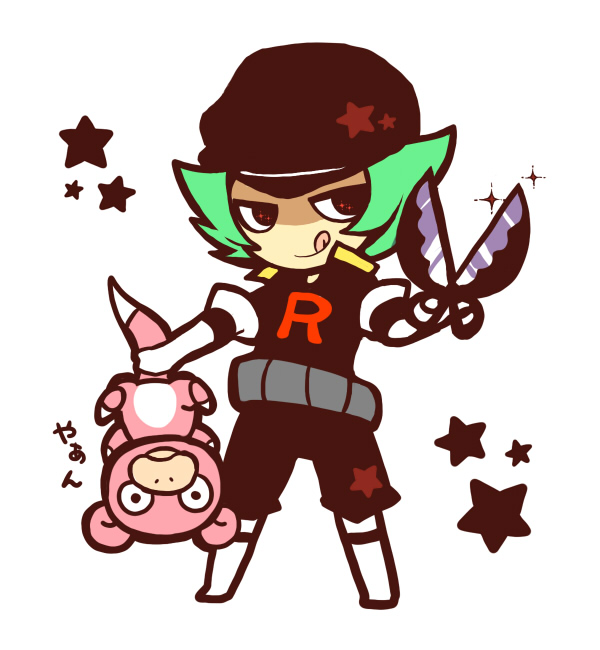 1boy black_eyes black_hat black_pants chibi chibi_only full_body glint gloves green_hair holding holding_pokemon holding_scissors kotorai licking_lips male_focus no_nose pants pokemon pokemon_(creature) pokemon_hgss proton_(pokemon) scissors short_hair slowpoke star_(symbol) team_rocket team_rocket_uniform tongue tongue_out translation_request upside-down white_background white_gloves