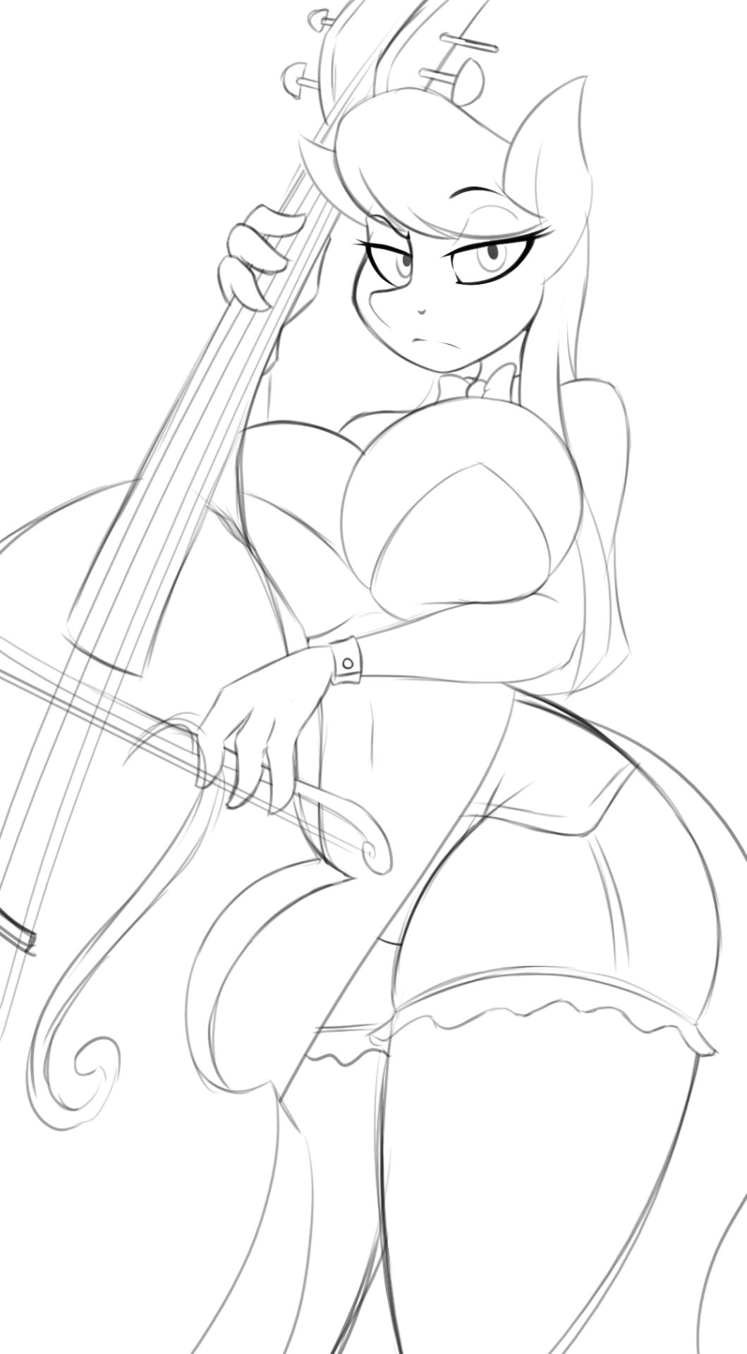 2016 anthro anthrofied breasts cello cleavage clothed clothing dress equine female friendship_is_magic garter_belt garter_straps horse jrvanesbroek legwear looking_at_viewer mammal monochrome musical_instrument my_little_pony octavia_(mlp) pony raised_eyebrow sketch solo stockings