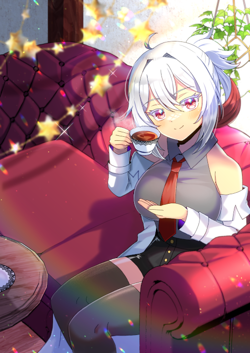 1girl ahoge bare_shoulders black_skirt black_thighhighs blurry blurry_foreground blush breasts closed_mouth collared_shirt colored_eyelashes commentary_request commission couch cup depth_of_field grey_hair grey_shirt hair_between_eyes hair_intakes head_tilt holding holding_cup indoors kou_hiyoyo lab_coat large_breasts long_sleeves looking_at_viewer multicolored_hair necktie off_shoulder on_couch open_clothes original red_eyes red_hair red_necktie shirt skeb_commission skirt sleeveless sleeveless_shirt smile solo table tea teacup thighhighs two-tone_hair wooden_floor