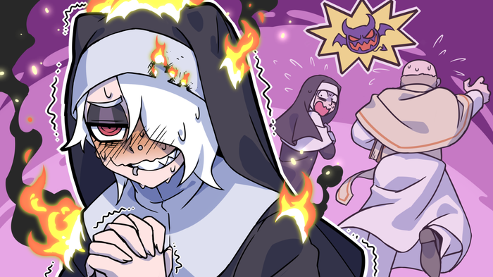 1boy 2girls blush burning_clothes cosplay demon_girl fleeing habit helltaker kneeling kyo-hei_(kyouhei) lip_piercing masochism mouth_piercing multiple_girls nose_piercing nun piercing praying priest scared shaking traditional_nun white_hair zdrada_(helltaker)