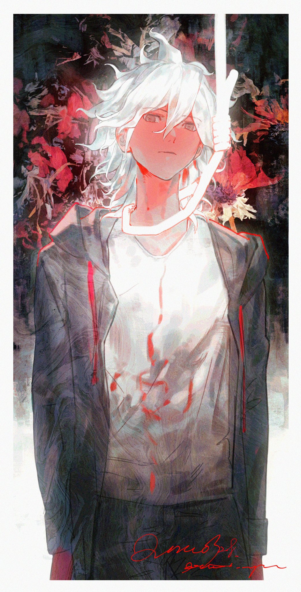 1boy abstract black_jacket colored_skin copyright_request floral_background highres implied_suicide jacket looking_at_viewer noose pink_eyes pink_skin shirt tttti_(tttinpc) white_hair white_shirt