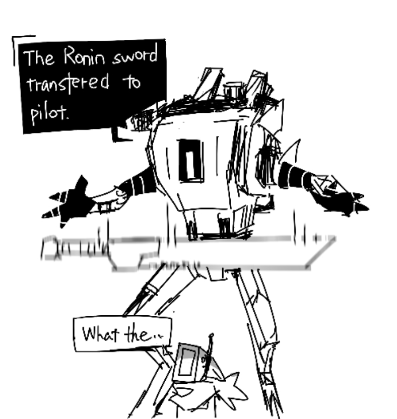 broadsword_(titanfall_2) dropping english_text falling greyscale looking_up mecha monochrome motion_blur motion_lines phase_shift_pilot_(titanfall_2) pilot_(titanfall_2) robot ronin_(titanfall_2) scarf simulacrum_(titanfall) sketch speech_bubble splitghost titanfall_(series) titanfall_2 white_background