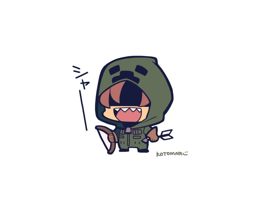 1boy arrow_(projectile) bow_(weapon) brown_hair chibi chibi_only full_body green_jumpsuit holding holding_arrow holding_bow_(weapon) holding_weapon hood hood_up jumpsuit kotorai male_focus marumaru_no_shuyaku_wa_wareware_da! open_mouth shaded_face sharp_teeth short_hair signature simple_background solo teeth translation_request weapon white_background zipper_pull_tab zom