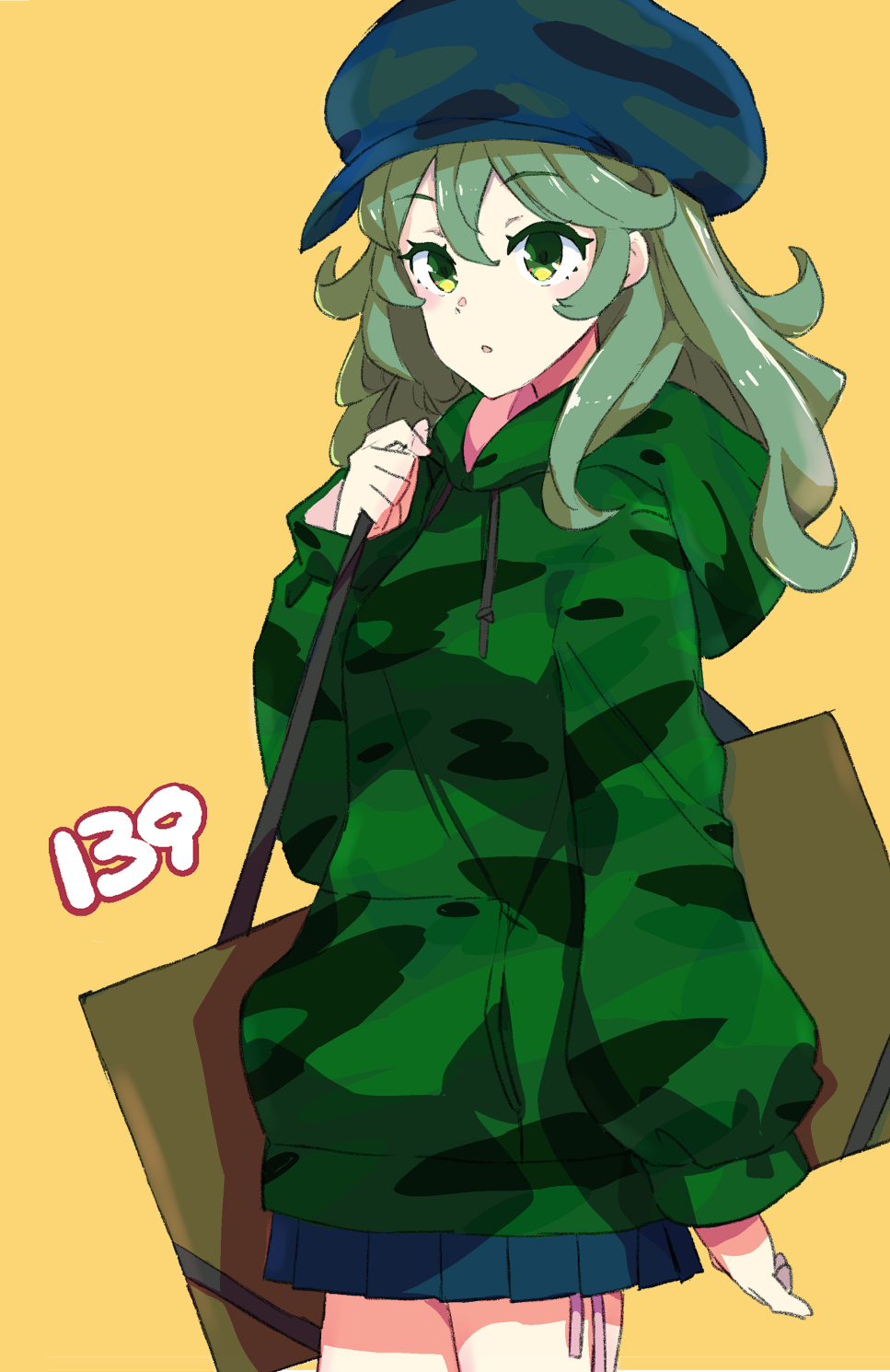 1girl backpack bag blue_hat blue_skirt breasts brown_bag camouflage camouflage_headwear camouflage_hoodie commentary_request cowboy_shot flat_cap green_eyes green_hair green_hoodie hat highres hood hood_down hoodie jack_(wkm74959) long_sleeves medium_hair miniskirt one-hour_drawing_challenge pleated_skirt puffy_sleeves simple_background skirt small_breasts solo touhou yamashiro_takane yellow_background