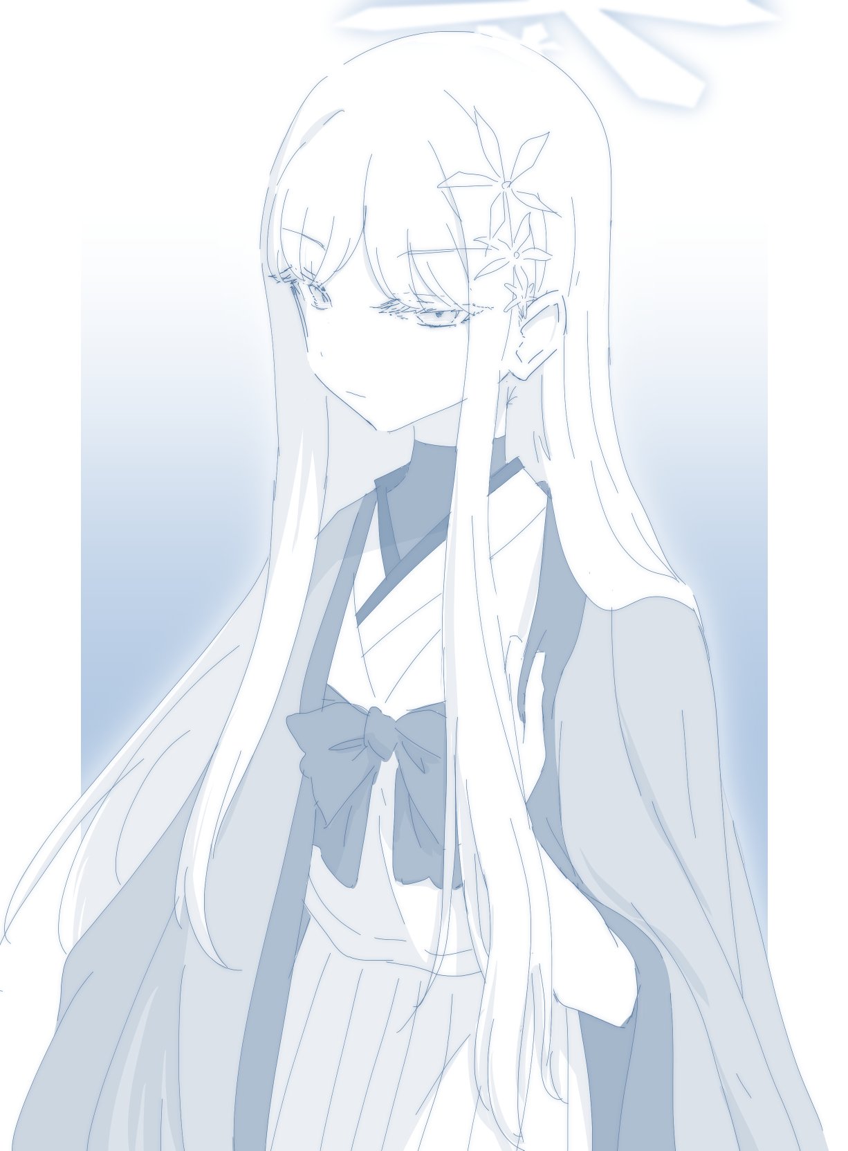 1girl blue_archive blue_theme closed_mouth hair_ornament halo haori hariyaa highres japanese_clothes long_hair looking_at_viewer monochrome nagusa_(blue_archive) parted_bangs pleated_skirt sidelocks skirt snowflake_hair_ornament solo