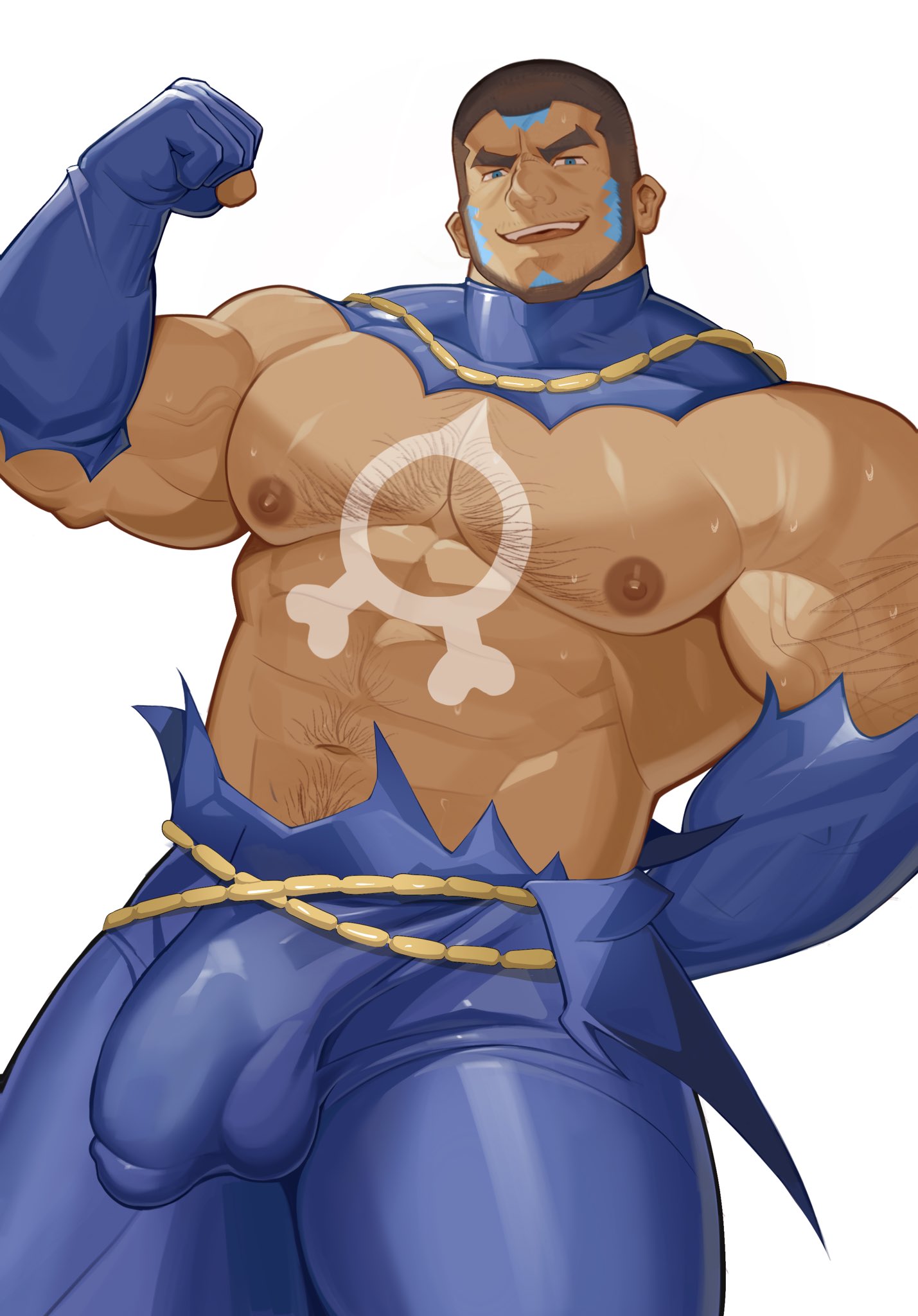 1boy abs bara beard biceps black_hair blue_bodysuit bodysuit bulge chest_hair chest_tattoo diving_suit erection erection_under_clothes facial_hair flexing highres large_pectorals long_sideburns male_focus matt_(pokemon) muscular muscular_male navel nipples open_mouth pectorals pokemon pokemon_oras short_hair sideburns simple_background smile solo tattoo torn_bodysuit torn_clothes weisun_(leoooliooon) wetsuit white_background