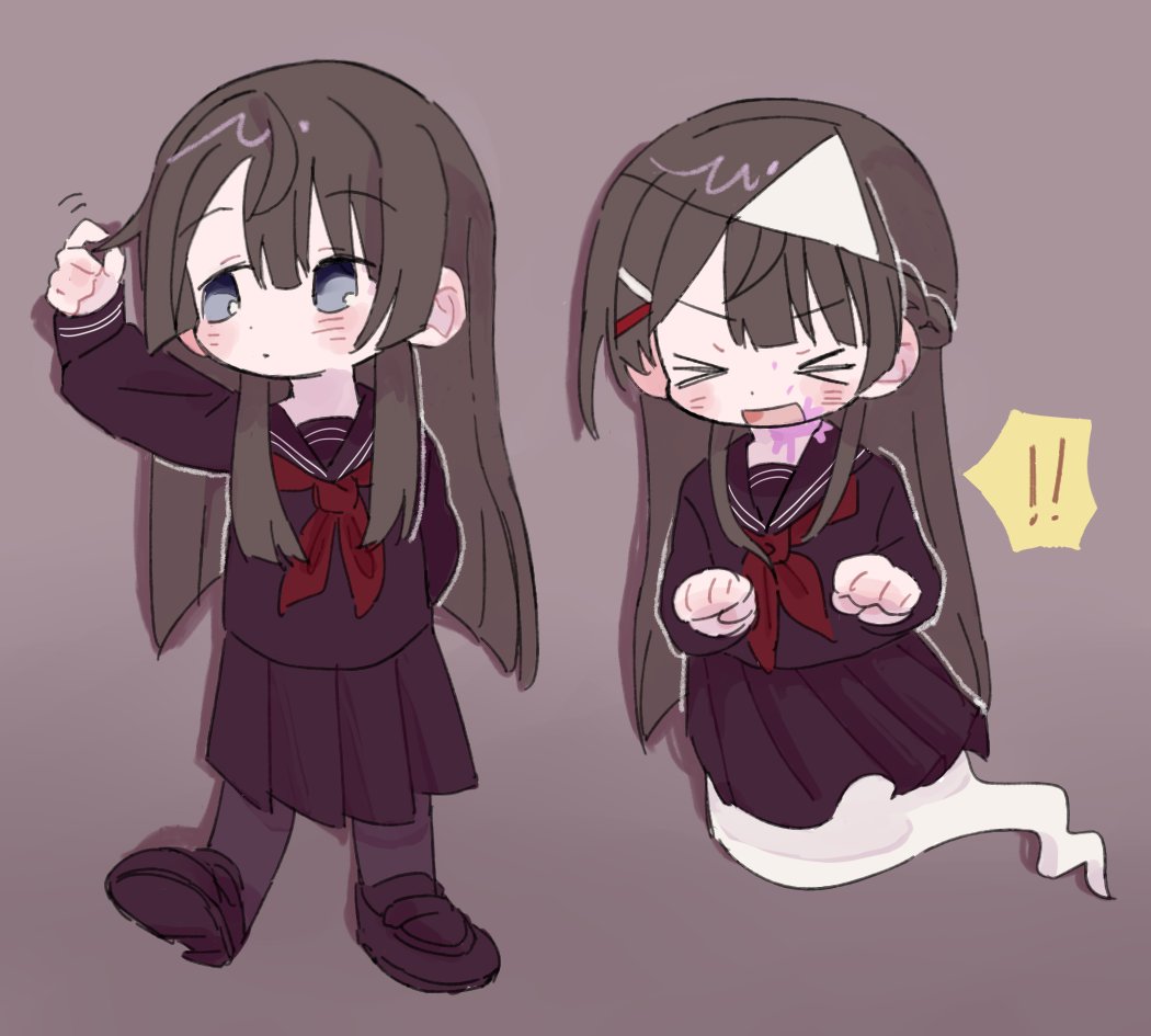 ! &gt;_&lt; 1girl black_footwear black_pantyhose black_sailor_collar black_serafuku black_shirt black_skirt blood blood_on_face blush brown_background brown_hair chibi commentary dot_mouth floating full_body ghost_tail grey_eyes hand_up loafers long_hair long_sleeves looking_to_the_side multiple_views neckerchief nijisanji open_mouth pantyhose pink_blood pleated_skirt red_neckerchief sailor_collar school_uniform serafuku shan_(shan_229) shirt shoes simple_background skirt smile spoken_exclamation_mark symbol-only_commentary triangular_headpiece tsukino_mito tsukino_mito_(5th_costume) twirling_hair v-shaped_eyebrows