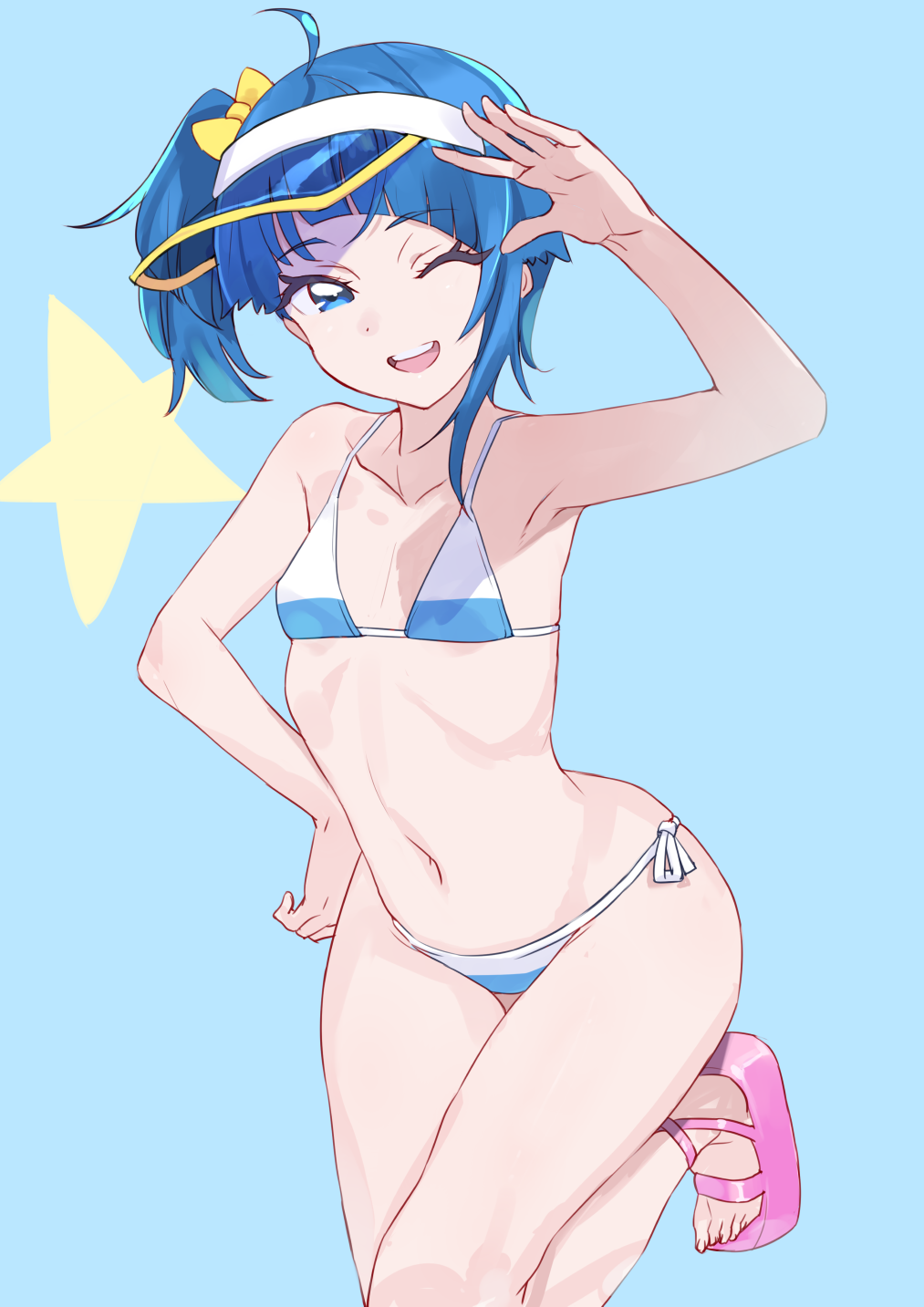 1girl ahoge bikini blue_background blue_bikini blue_eyes blue_hair breasts cowboy_shot cut_bangs highres hirogaru_sky!_precure long_hair navel nemo_(user_ryaa2474) one_eye_closed precure side-tie_bikini_bottom side_ponytail small_breasts smile solo sora_harewataru standing standing_on_one_leg star_(symbol) swimsuit toeless_footwear two-tone_bikini visor_cap