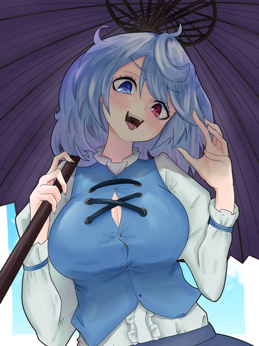 1girl blue_eyes blue_hair breasts button_gap cross-laced_clothes heterochromia highres holding holding_umbrella large_breasts open_mouth red_eyes shizen11037 short_hair solo tatara_kogasa teeth tongue tongue_out touhou umbrella upper_body