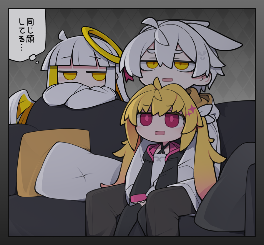 1boy 2girls ahoge animal_ears argyle_background black_hoodie black_pants black_thighhighs blonde_hair blunt_bangs border bright_pupils child colored_inner_hair commentary_request couch covered_mouth crossed_arms cushion dorodra_(kisaragi_kaya) dress gradient_border gradient_hair grey_border grey_dress grey_hoodie hair_intakes hair_wings halo heart hood hood_down hoodie jitome kisaragi_kaya leaning_on_object long_hair long_sleeves multicolored_hair multiple_girls on_couch open_clothes open_hoodie open_mouth original over-kneehighs pants pink_eyes pink_pupils pink_trim rasul_(kisaragi_kaya) shirt short_hair sitting sitting_between_lap sleeves_past_wrists thighhighs thought_bubble translation_request twintails white_shirt yellow_eyes