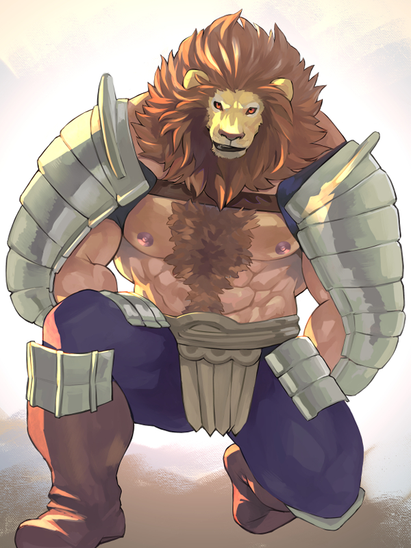 1boy armor bara blue_pants boots brown_footwear brown_hair chest_hair commentary_request fuga9 full_body furry furry_male grey_background knee_boots kneeling large_pectorals lion_boy looking_at_viewer morard_(unicorn_overlord) muscular muscular_male nipples on_one_knee paid_reward_available pants pauldrons pectorals red_eyes shoulder_armor simple_background solo topless_male unicorn_overlord