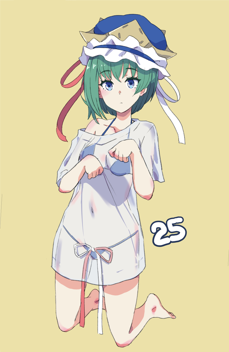 1girl bare_legs bare_shoulders barefoot bikini bikini_under_clothes blue_bikini blue_eyes blue_hat breasts collar commentary_request green_hair halterneck highres jack_(wkm74959) kneeling navel red_ribbon ribbon see-through see-through_shirt shiki_eiki short_hair short_sleeves small_breasts solo swimsuit touhou white_ribbon yellow_background