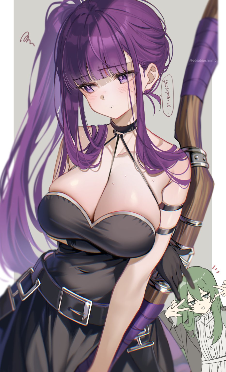 alternate_hairstyle arm_strap averting_eyes bare_shoulders black_dress blunt_bangs blush breasts cleavage closed_mouth cosplay costume_switch dress embarrassed fern_(sousou_no_frieren) fern_(sousou_no_frieren)_(cosplay) hairstyle_switch highres long_hair long_sleeves purple_eyes purple_hair shuri_(84k) side_ponytail sidelocks sousou_no_frieren ubel_(sousou_no_frieren) ubel_(sousou_no_frieren)_(cosplay) white_dress