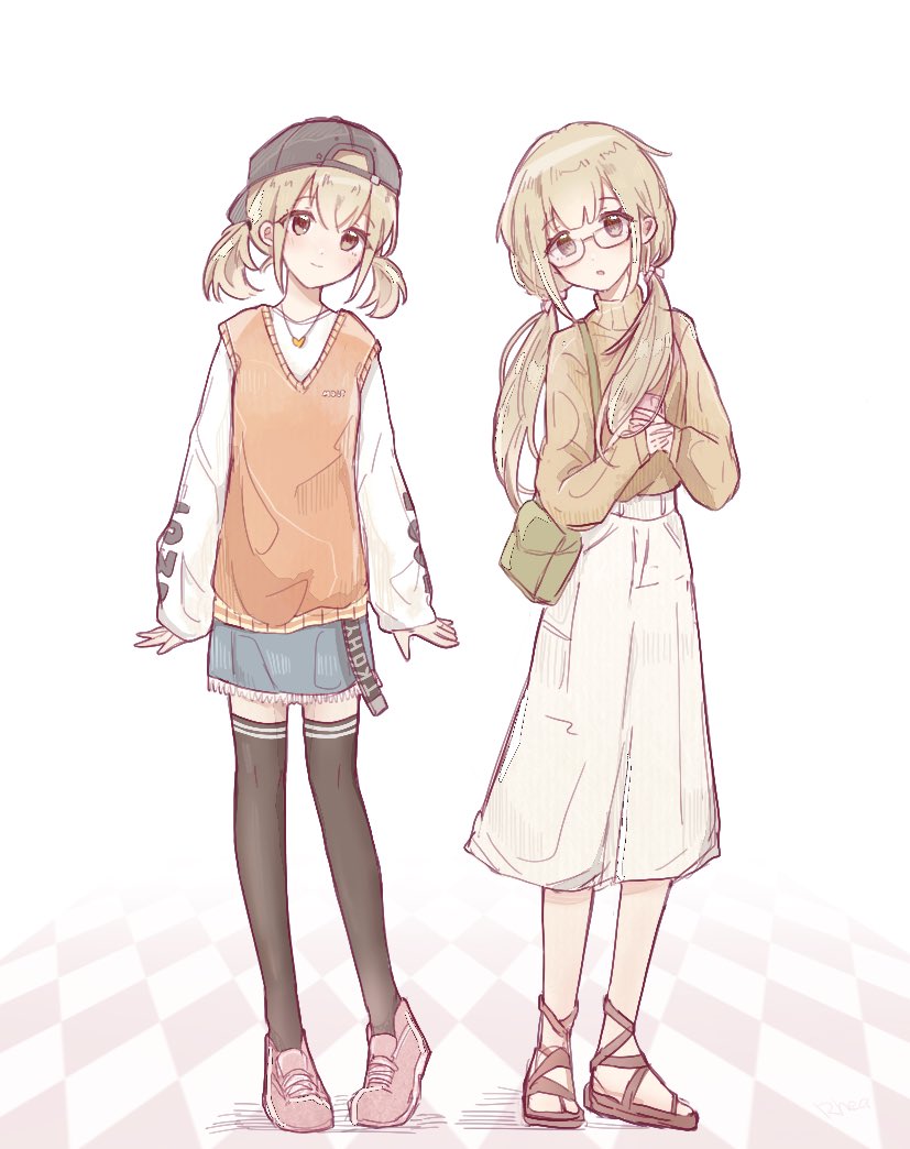 2girls azusawa_kohane backwards_hat bag baseball_cap black_hat black_thighhighs brown_footwear brown_sweater checkered_background closed_mouth clothes_writing commentary dual_persona full_body glasses handbag hat heart heart_necklace jewelry light_brown_hair long_hair long_sleeves looking_at_viewer low_twintails miniskirt multiple_girls necklace orange_sweater_vest parted_lips pink_footwear project_sekai rhea_sym sandals shirt shoes short_hair simple_background skirt sleeves_past_wrists standing sweater sweater_tucked_in sweater_vest tareme thighhighs turtleneck turtleneck_sweater twintails white_background white_shirt white_skirt