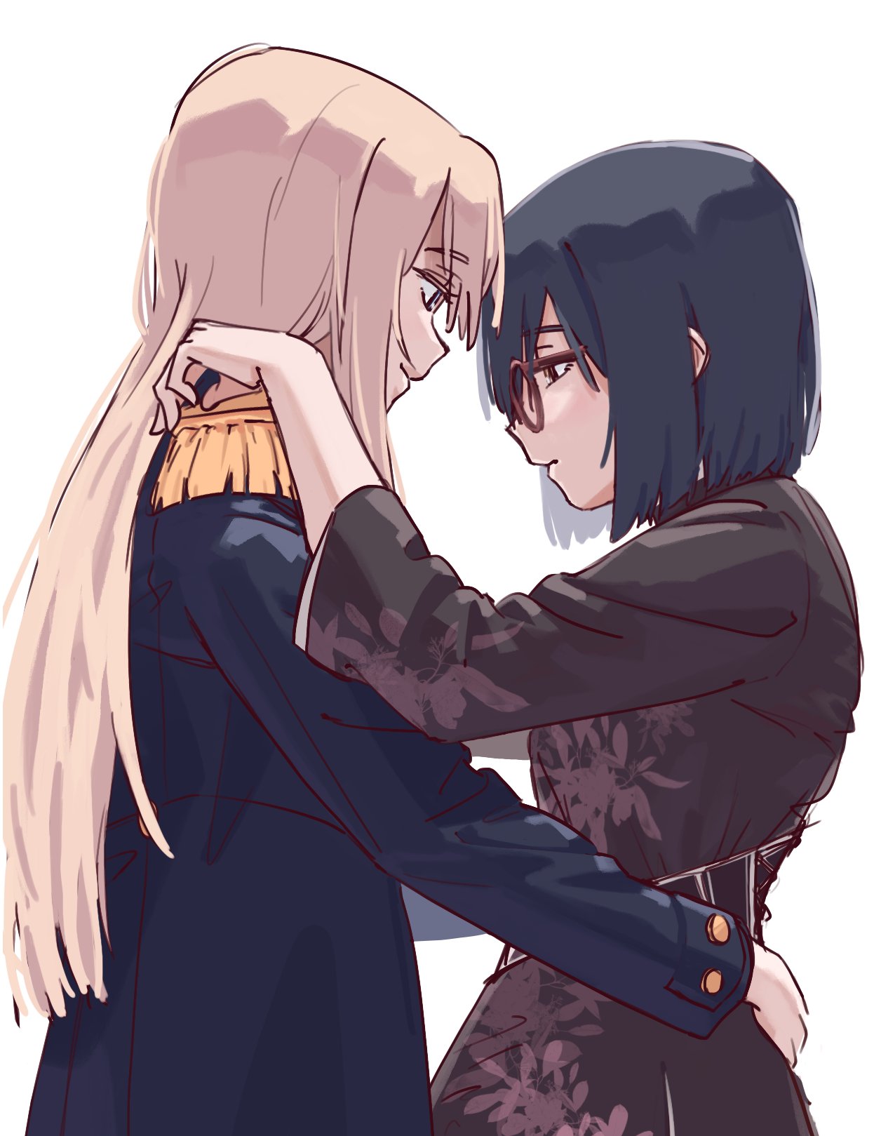 2girls black_dress black_hair blonde_hair blue_coat closed_mouth coat commentary dancing dress egakuning english_commentary epaulettes from_side glasses hand_on_another's_shoulder hand_on_another's_waist highres kamikoshi_sorawo long_hair long_sleeves looking_at_another multiple_girls nishina_toriko profile short_hair simple_background smile urasekai_picnic white_background yuri