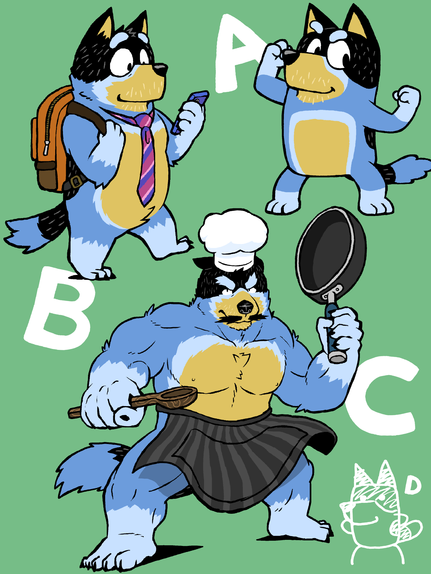 1boy animal_ears apron backpack bag bandit_heeler bara blue_fur bluey collage dog_boy dog_ears dog_tail frying_pan furry furry_male highres holding holding_frying_pan holding_phone huge_eyebrows kajimaru_(untindo) male_focus mature_male muscular muscular_male necktie nipples pectorals phone plump simple_background smile sparse_stubble standing tail topless_male waist_apron