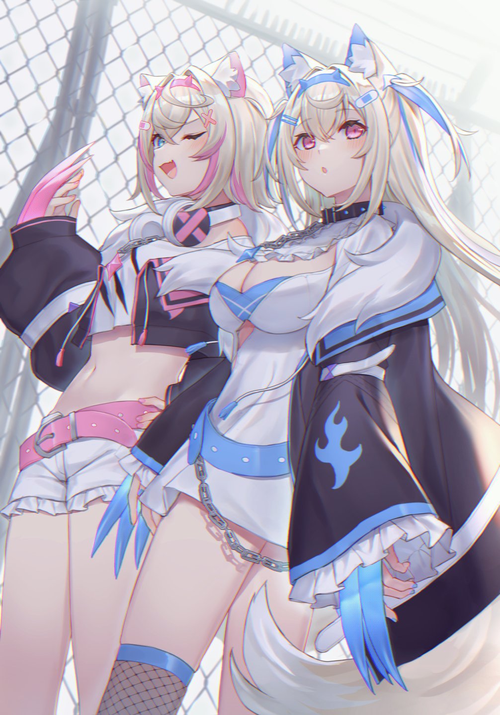 2girls animal_ears belt black_jacket blonde_hair blue_belt blue_eyes breasts claw_(weapon) cleavage collar dog_ears dog_tail dress fuwawa_abyssgard headphones headphones_around_neck highres hololive hololive_english jacket midriff mococo_abyssgard multicolored_hair multiple_girls navel one_eye_closed pink_belt pink_eyes shikinagi shorts siblings spiked_collar spikes streaked_hair tail twins two_side_up virtual_youtuber weapon white_dress white_shorts