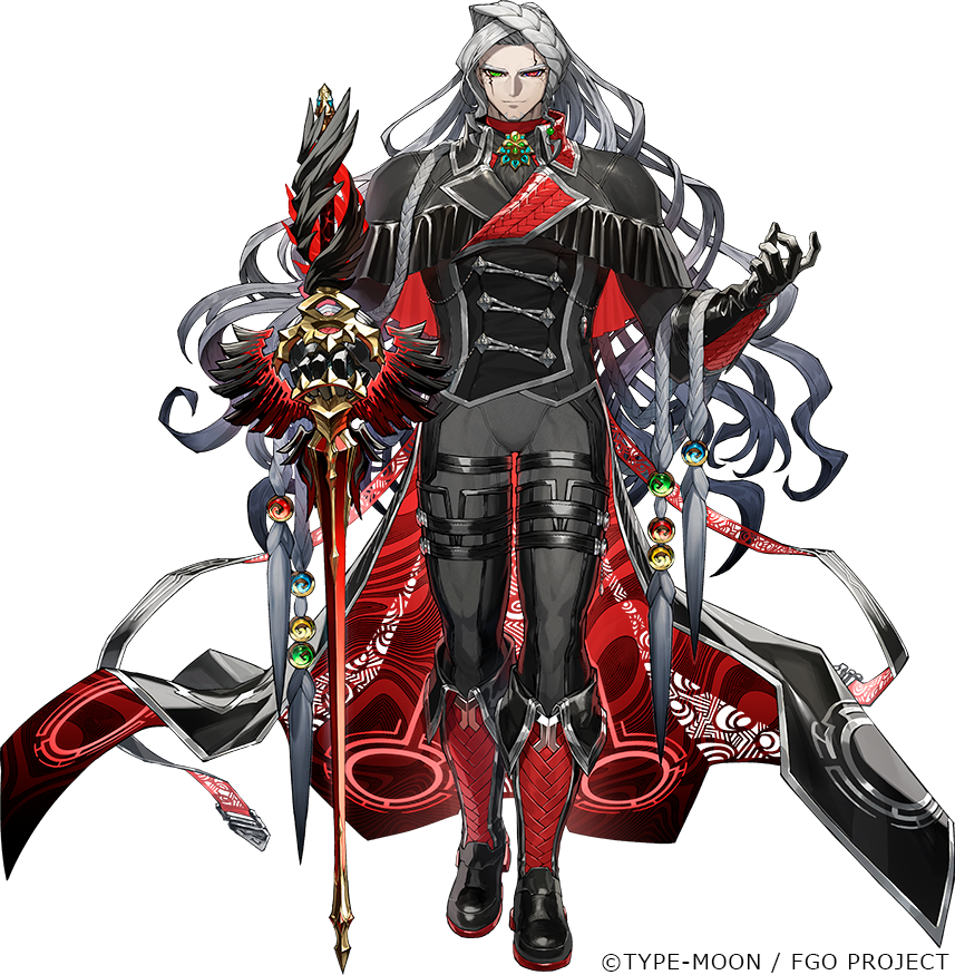 1boy alessandro_cagliostro_(fate) beard black_bodysuit bodysuit braid facial_hair fate/grand_order fate_(series) green_eyes grey_hair heterochromia long_hair looking_at_viewer official_art red_eyes red_footwear routo solo sword weapon