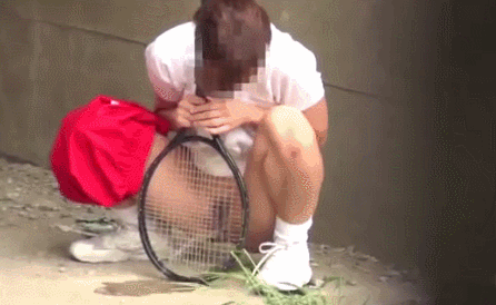 animated animated_gif asian censored outside peeing photo shorts_around_leg sneakers squatting tennis_racket