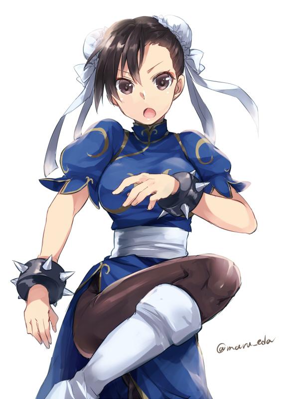 :o black_legwear boots bracelet bun_cover china_dress chinese_clothes chun-li dress fighting_stance hair_ribbon jewelry jpeg_artifacts kicking knee_boots maruki_(punchiki) open_mouth pantyhose puffy_short_sleeves puffy_sleeves ribbon short_sleeves simple_background solo spiked_bracelet spikes street_fighter twitter_username v-shaped_eyebrows white_background white_ribbon