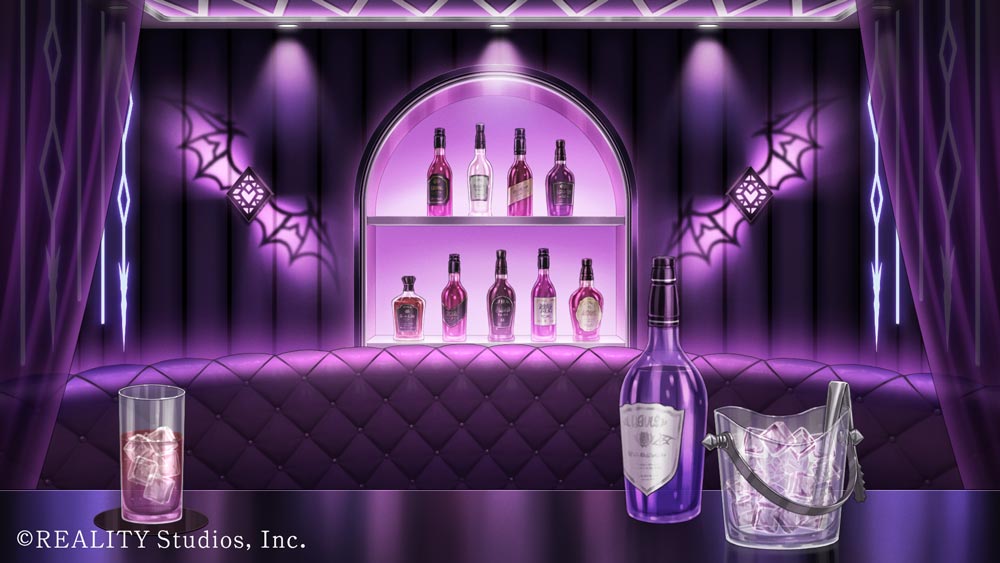 alcohol azuma_hatori bat_wings bottle ceiling_light copyright_notice couch cup curtains drinking_glass first_stage_production ice ice_bucket ice_cube indoors no_humans official_art purple_theme scenery shelf table tongs wings zander_netherbrand