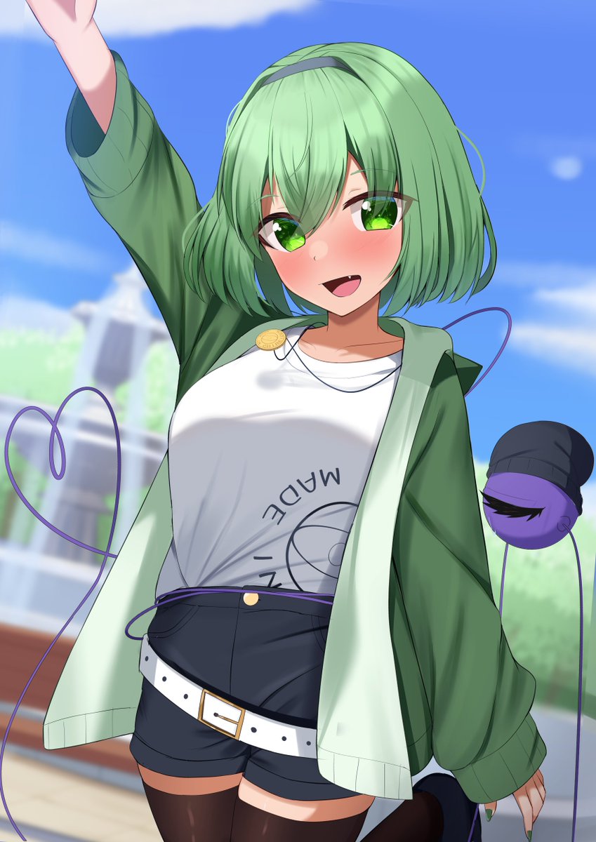 1girl :d alternate_costume arm_up beanie belt black_hairband black_shorts black_thighhighs blue_sky blurry blurry_background blush cardigan collarbone commentary cowboy_shot day eyes_visible_through_hair fang green_cardigan green_eyes green_hair green_nails hair_between_eyes hairband hat heart heart_of_string highres jewelry kirisame_oreo komeiji_koishi looking_at_viewer nail_polish necklace no_headwear open_cardigan open_clothes open_mouth outdoors shirt short_hair shorts sky sleeves_past_wrists smile solo thighhighs third_eye touhou tsurime waving white_belt white_shirt zettai_ryouiki