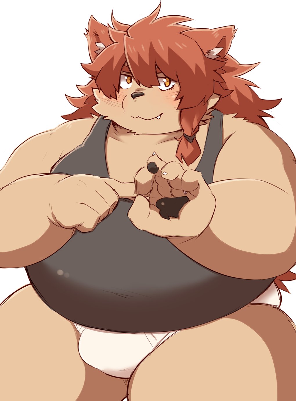 2024 anthro belly big_belly blush bulge canid canine canis clothing cute_fangs domestic_dog dosanco15 hi_res humanoid_hands kemono male mammal overweight overweight_male shirt simple_background solo topwear underwear white_background