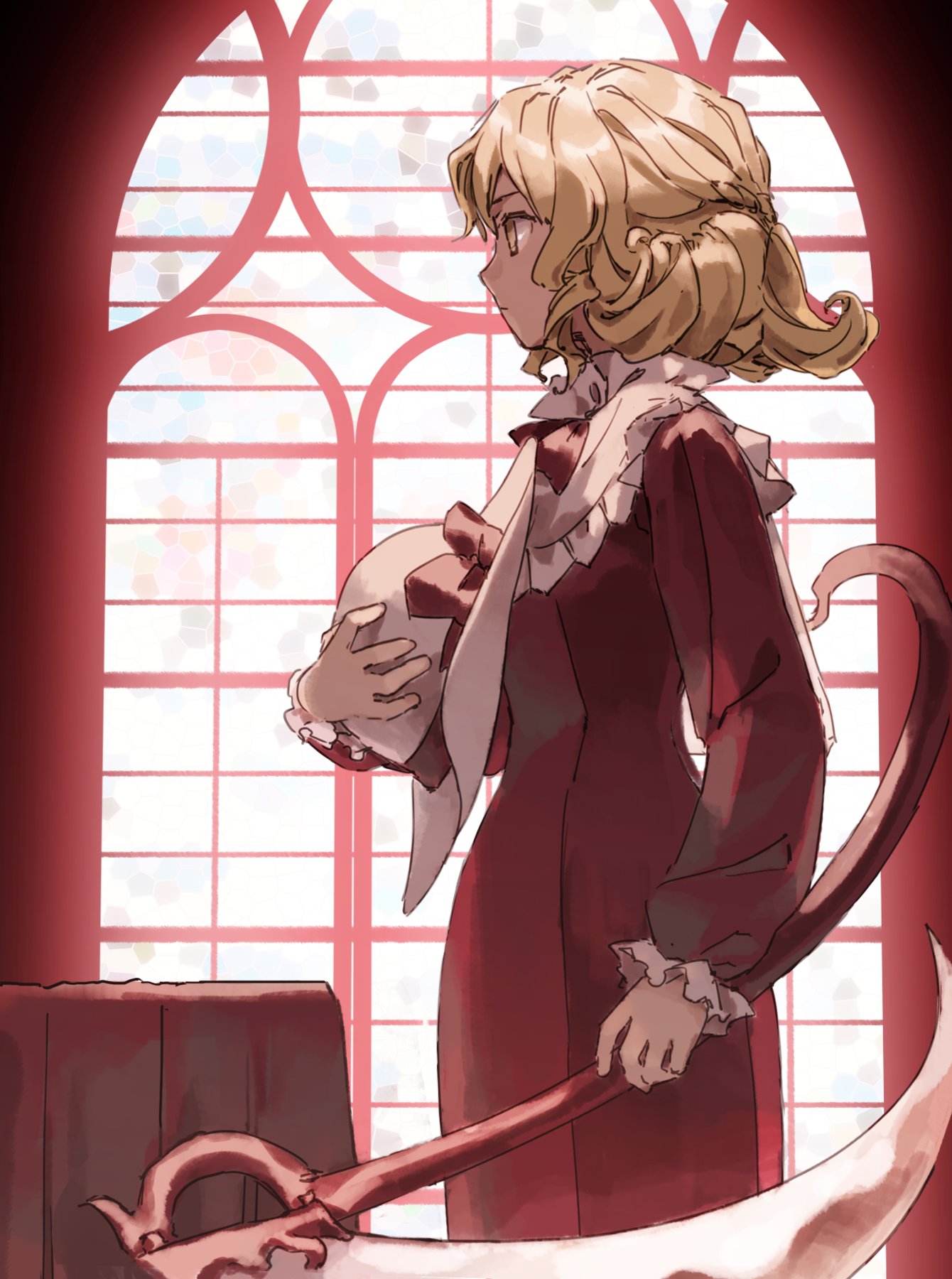 1girl blonde_hair bow capelet commentary_request curly_hair dress elly_(touhou) frilled_capelet frilled_sleeves frills hat hat_bow highres holding holding_clothes holding_hat holding_scythe indoors kaigen_1025 long_sleeves medium_hair neck_ribbon puffy_sleeves red_bow red_dress red_ribbon ribbon scythe standing sun_hat touhou touhou_(pc-98) unworn_hat unworn_headwear white_capelet white_hat window yellow_eyes