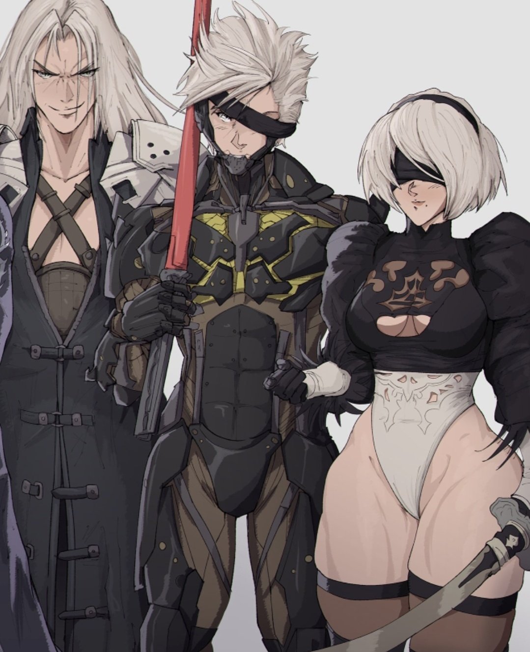 &gt;:) 1girl 2b_(nier:automata) 2boys black_blindfold black_dress black_gloves black_headband black_thighhighs blindfold boots breasts cleavage covered_eyes crossover cyborg dress evil_smile feather-trimmed_sleeves feather_trim final_fantasy final_fantasy_vii gloves grey_eyes headband highres holding holding_sword holding_weapon juliet_sleeves katana long_hair long_sleeves looking_at_viewer metal_gear_(series) metal_gear_rising:_revengeance mole mole_under_mouth multiple_boys nier:automata nier_(series) one_eye_covered puffy_sleeves raiden_(metal_gear) robot sephiroth short_hair smile spikes sword thighhighs thighhighs_under_boots v-shaped_eyebrows very_long_hair weapon white_hair yoracrab