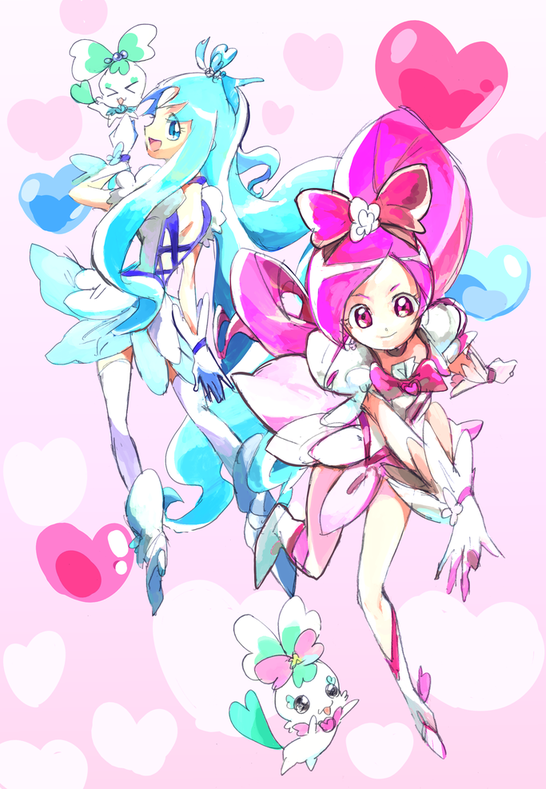 &gt;_&lt; 2girls back back-to-back blue_bow blue_eyes blue_hair blue_skirt boots bow bowtie brooch chypre_(heartcatch_precure!) clenched_hand closed_mouth coffret_(heartcatch_precure!) cross-laced_clothes cross-laced_dress cure_blossom cure_marine dress drill_hair eyelashes flower footwear_ribbon frilled_sleeves frills from_behind full_body gloves hair_bow hair_flower hair_ornament hanasaki_tsubomi heart heart_background heart_brooch heart_hair_ornament heartcatch_precure! high_heel_boots high_heels high_ponytail jewelry jutu knees kurumi_erika long_hair looking_at_viewer looking_back magical_girl multiple_girls open_mouth pink_background pink_bow pink_bowtie pink_eyes pink_hair pink_ribbon pink_skirt precure puffy_short_sleeves puffy_sleeves ribbon short_dress short_sleeves simple_background skirt smile thighhighs v-shaped_eyebrows very_long_hair wavy_hair white_dress white_flower white_footwear white_gloves white_sleeves white_thighhighs wrist_flower