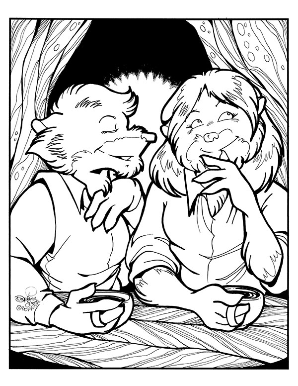 anthro beverage black_and_white claws clothed clothing container cup daphne_lage dialogue don_bluth duo eyes_closed female fur hair inside long_hair mammal monochrome murid murine rat rodent rolled_up_sleeves shirt signature smile story story_in_description tea the_secret_of_nimh topwear tunic vest