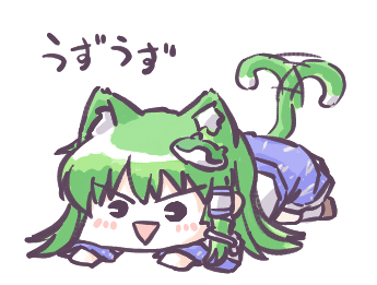 1girl animal_ears aokukou blue_skirt blue_trim cat_ears cat_girl cat_tail chibi commentary_request frog_hair_ornament green_hair hair_ornament kemonomimi_mode kochiya_sanae long_sleeves lowres no_nose open_mouth shirt simple_background single_hair_tube skirt smile solo tail touhou translation_request v-shaped_eyebrows white_background white_shirt