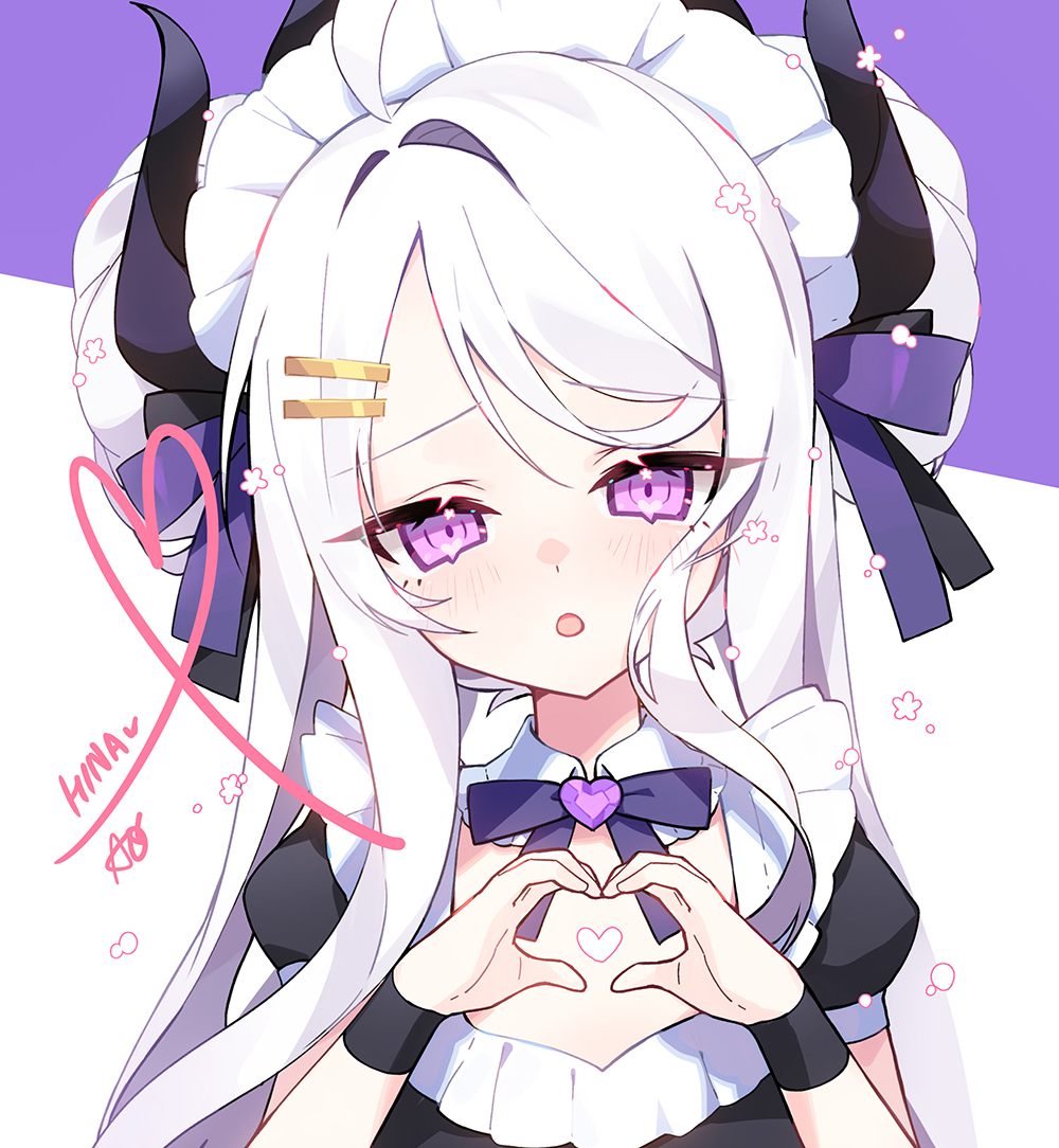 1girl apple_caramel black_dress black_horns blue_archive blush demon_horns dress grey_hair hair_ornament hairclip heart heart_hands hina_(blue_archive) horns long_hair looking_at_viewer open_mouth puffy_short_sleeves puffy_sleeves purple_eyes short_sleeves signature solo two-tone_background upper_body