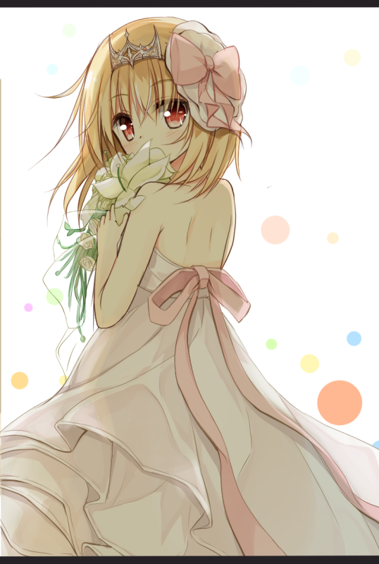 blush bouquet bow covering_mouth cowboy_shot dress flower hair_bow holding holding_flower layered_dress letterboxed looking_at_viewer pink_bow pink_dress red_eyes rose rumia short_hair simple_background sleeveless sleeveless_dress solo standing tiara touhou wedding_dress white_background white_flower white_rose yuuhagi_(amaretto-no-natsu)