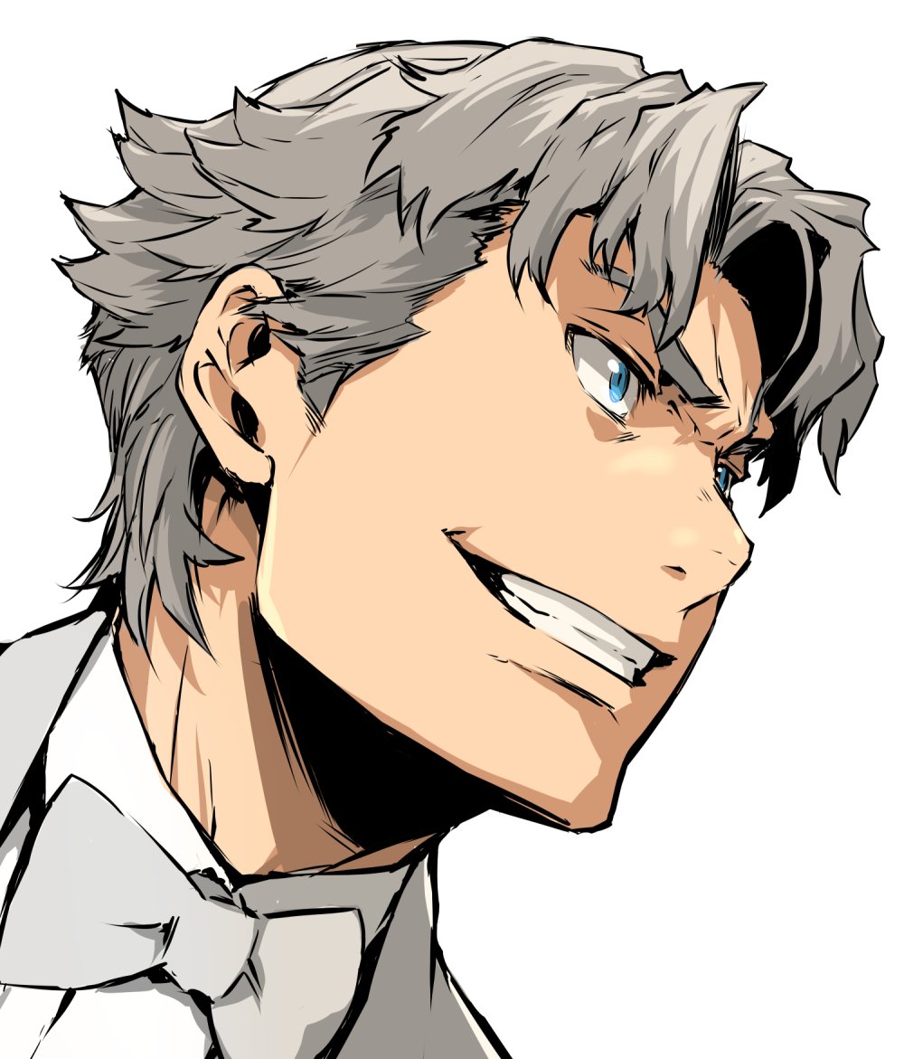 baccano! blue_eyes bow bowtie clenched_teeth close-up enami_katsumi eyebrows face from_below ladd_russo looking_afar male_focus open_mouth shirt silver_hair simple_background smile teeth thick_eyebrows upper_body white_background white_bow white_neckwear white_shirt